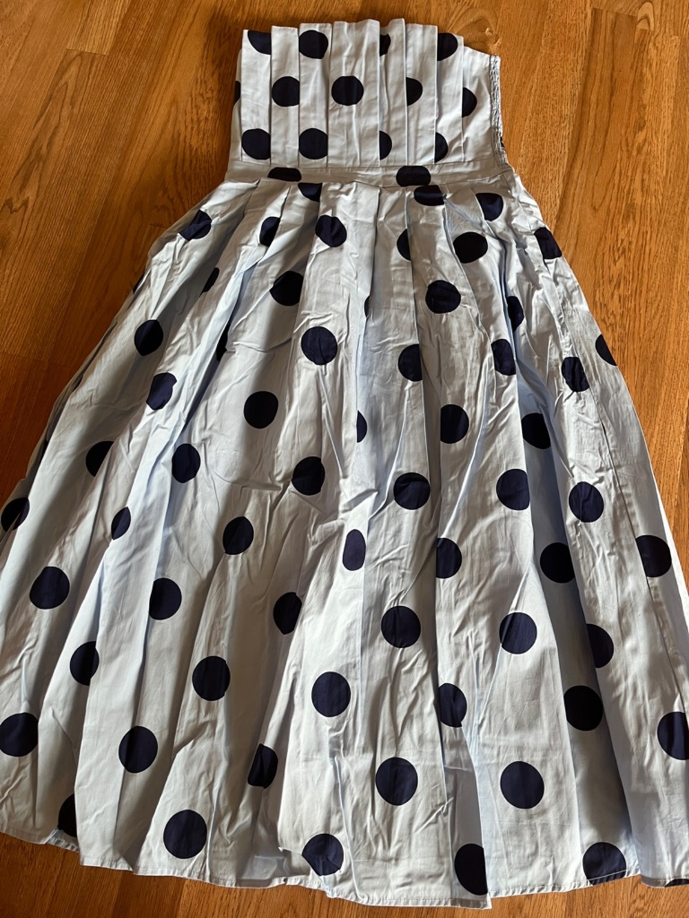 Polka Dot Strapless Full Skirt Dress in Light Blue and Navy